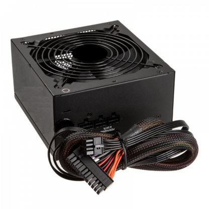 Computer power supply unit with fan and cables on a white background