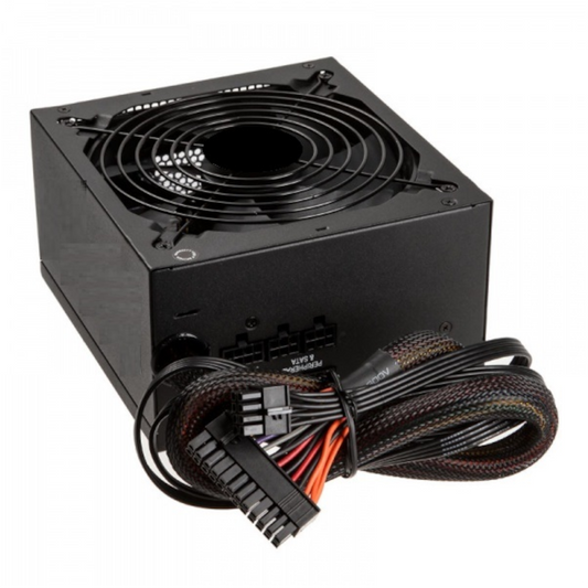 Computer power supply unit with fan and cables on a white background