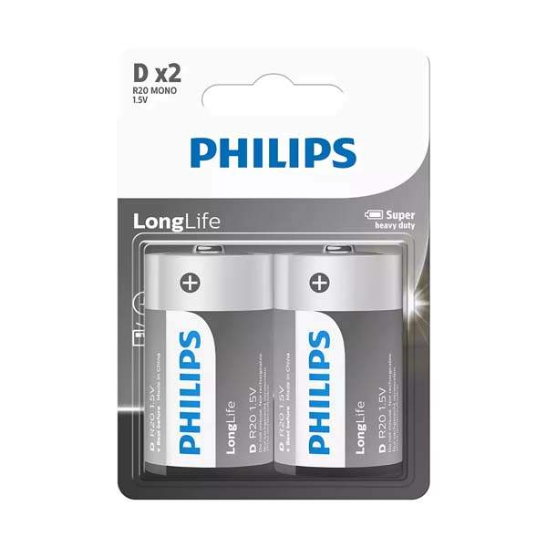 Philips R20L2B/40 LongLife D 2 Batteries Pack