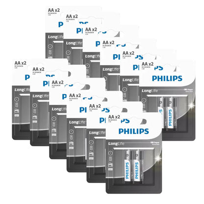 Multiple packages of Philips batteries on a white background