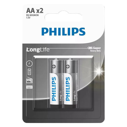 Pack of two Philips AA batteries in clear packaging on a white background