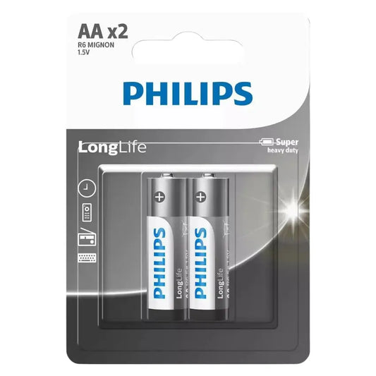 Pack of two Philips AA batteries in clear packaging on a white background