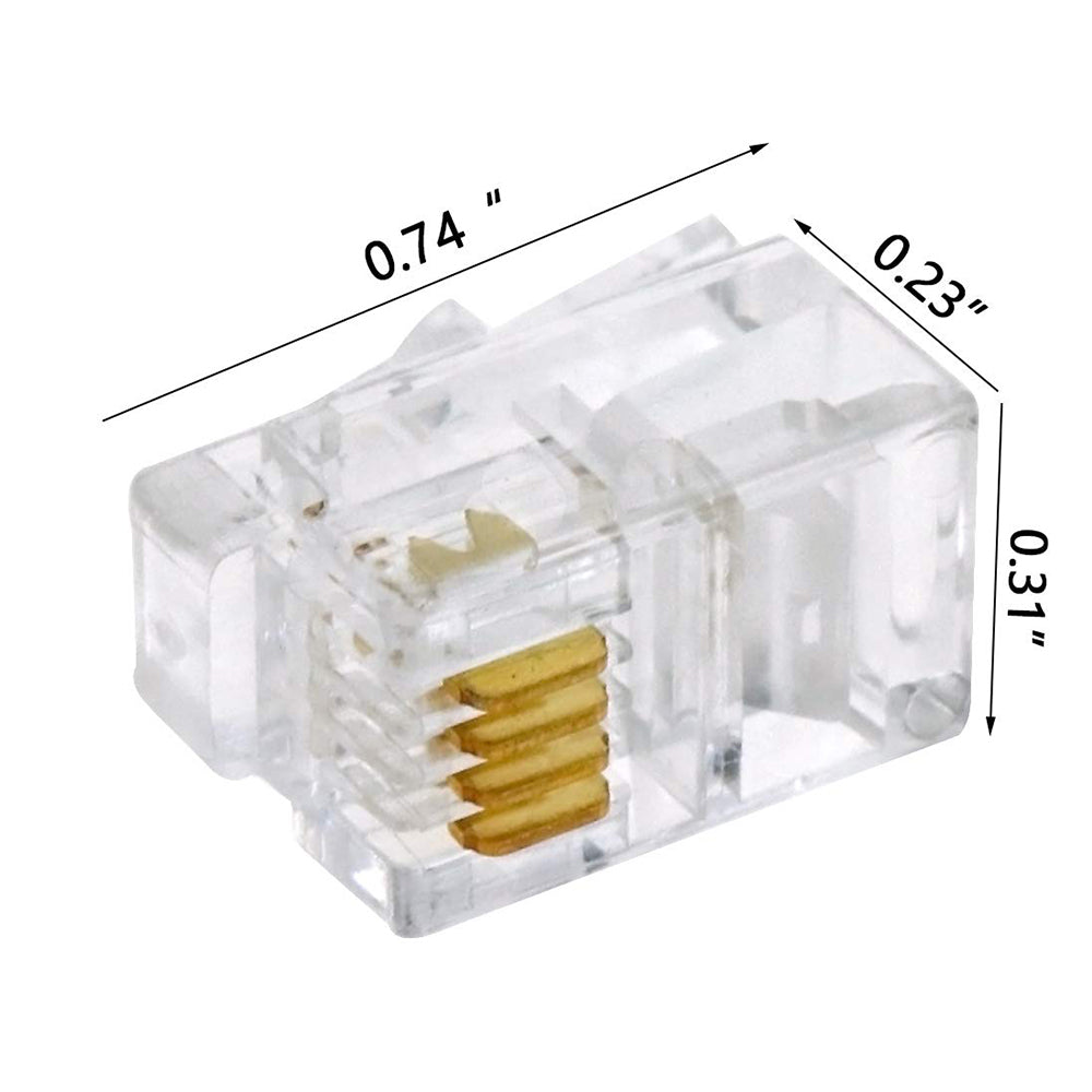 MicroWorld RJ11 Connectors 25-Pack 6P4C modular phone plugs for secure connections to phones and fax machines.
