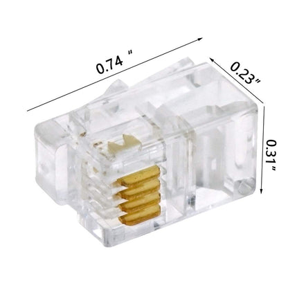 MicroWorld RJ11 Connectors 25-Pack 6P4C modular phone plugs for secure connections to phones and fax machines.