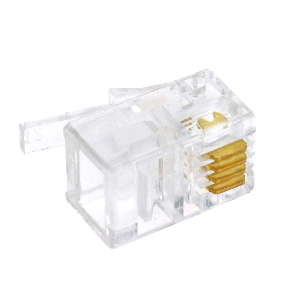 Clear MicroWorld RJ11 6P4C modular phone plug with gold-plated contacts.