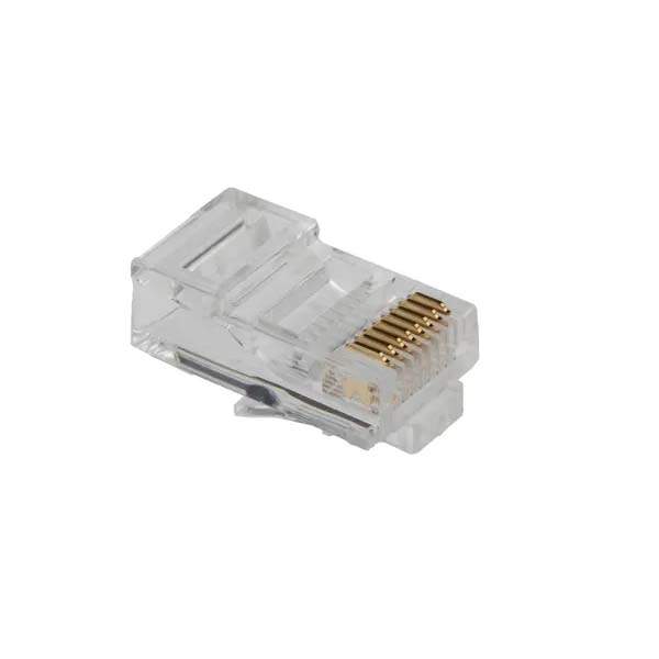 Close-up image of a transparent RJ45 8P8C Ethernet connector with gold-plated contacts, used for Cat5e and Cat6 network cable terminations.