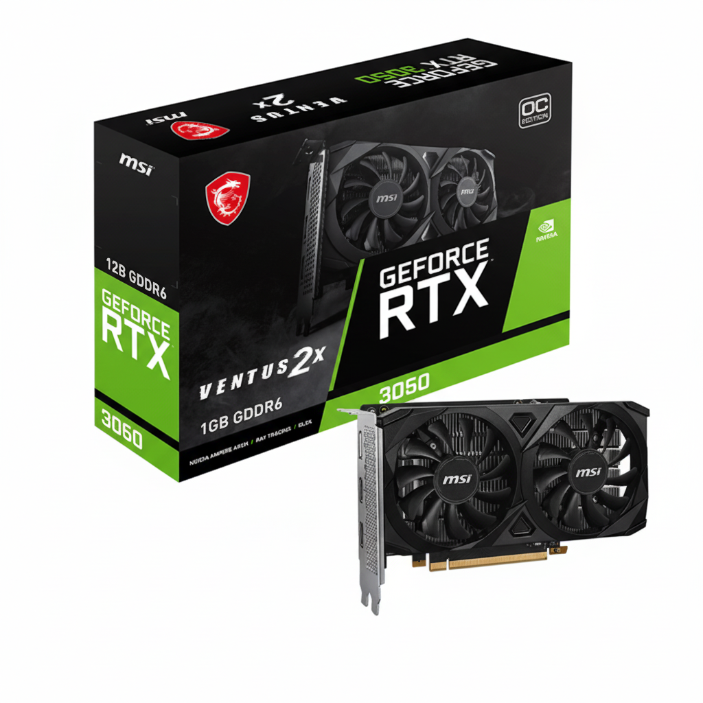 Front view of the MSI RTX 3050 VENTUS 2X graphics card with dual fans.

