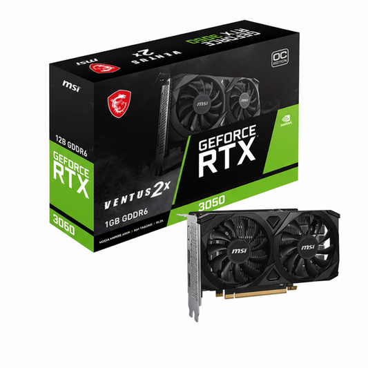 Front view of the MSI RTX 3050 VENTUS 2X graphics card with dual fans.

