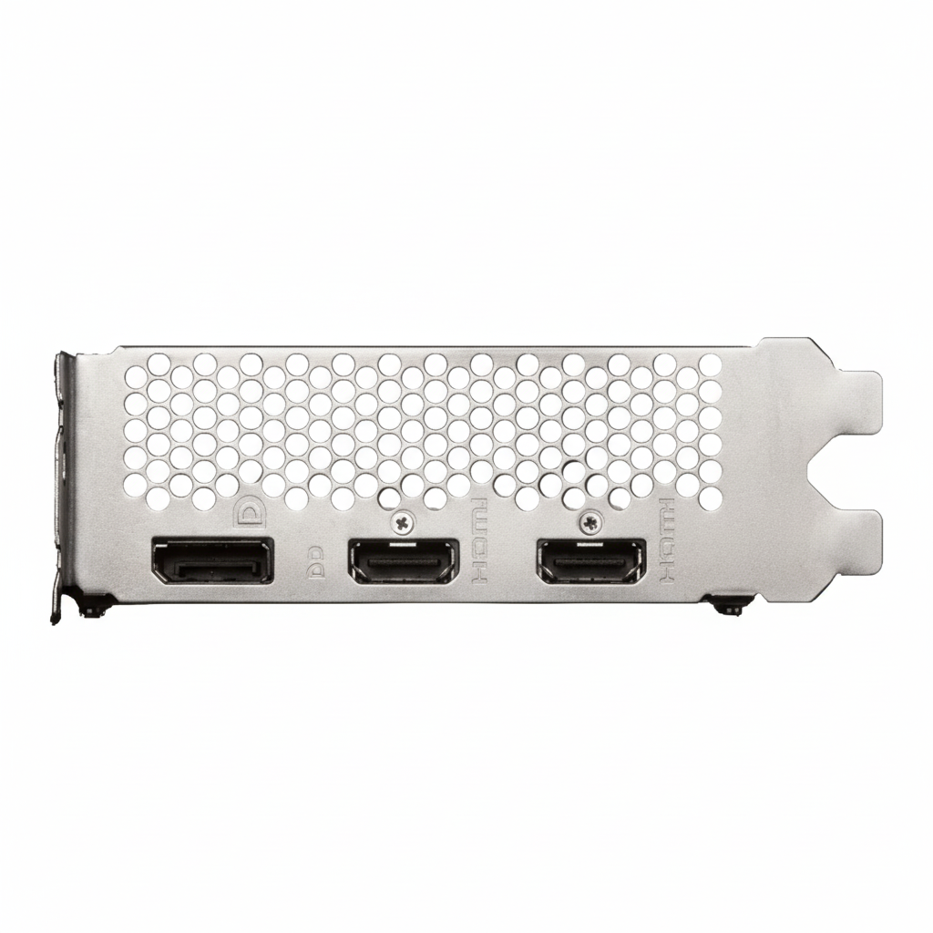 Close-up of the card's rear I/O bracket with two HDMI and one DisplayPort.

