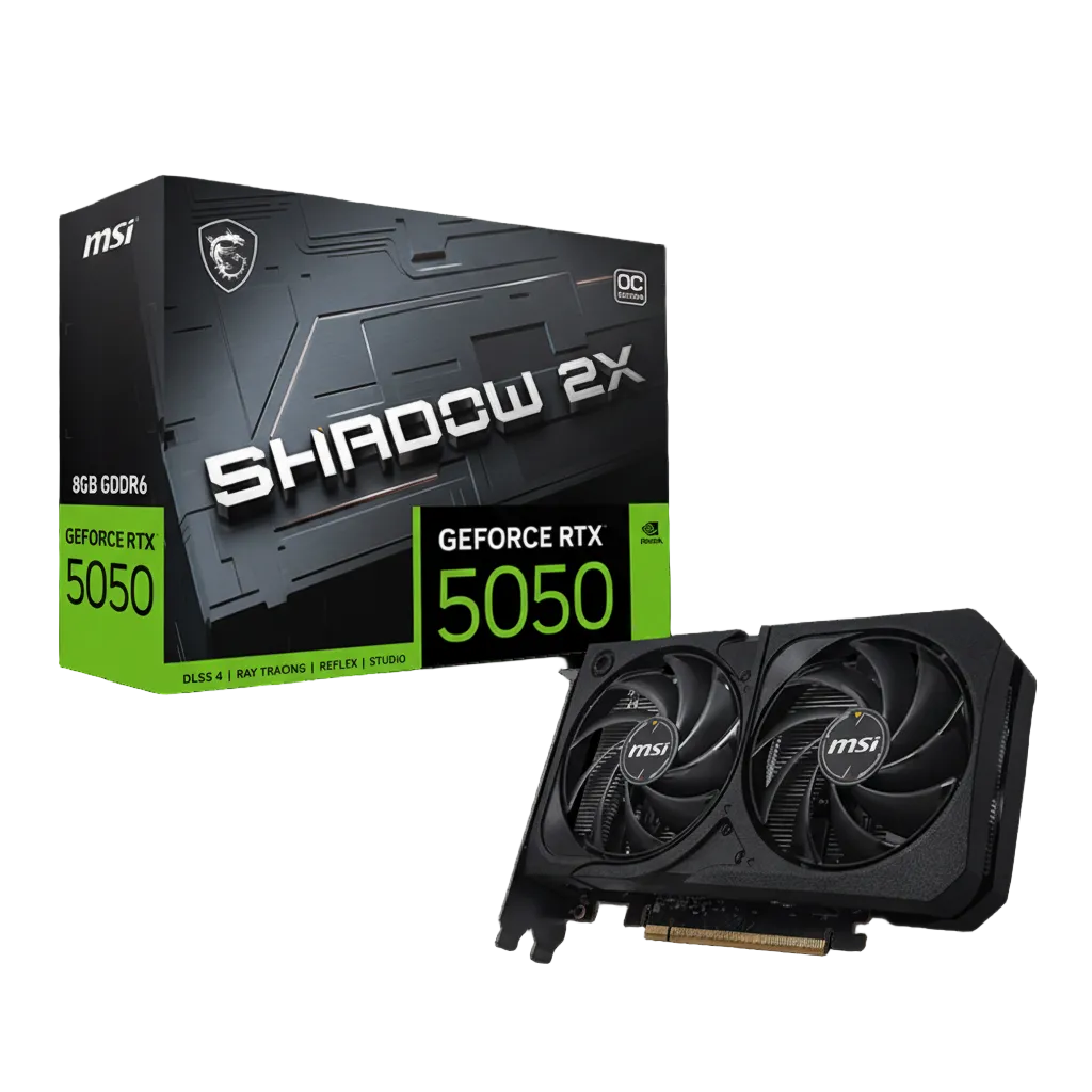 Front view of the MSI RTX 5050 SHADOW graphics card with its two fans.

