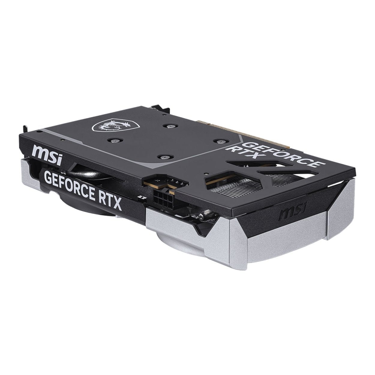 Side view of the card showing the heat pipes and 8-pin power connector.

