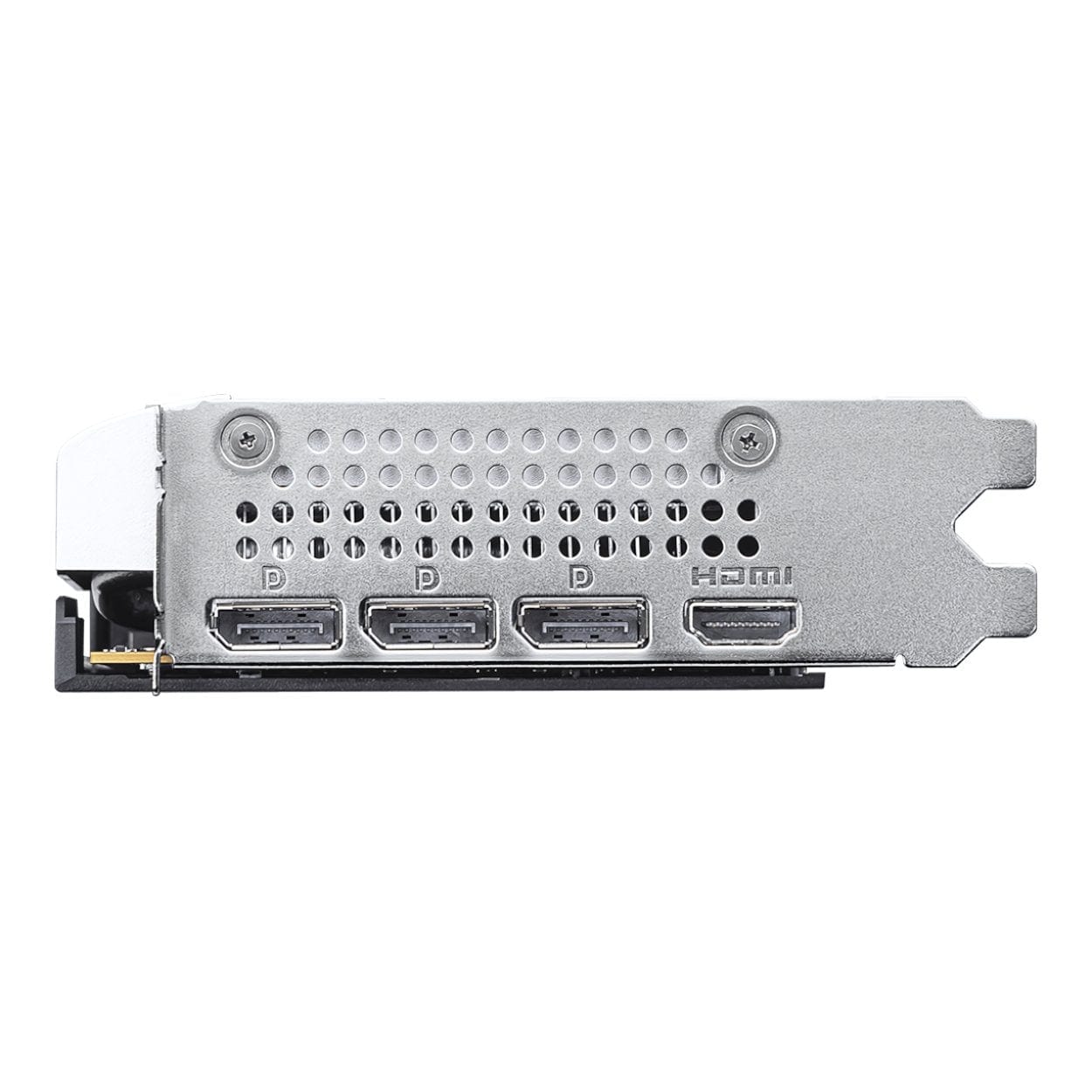 Rear view of the card's metal backplate with an airflow vent.

