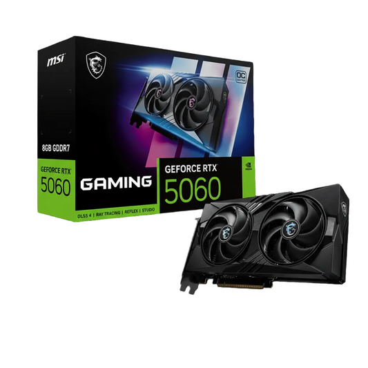Front view of the MSI RTX 5060 GAMING graphics card showing its dual-fan cooler.

