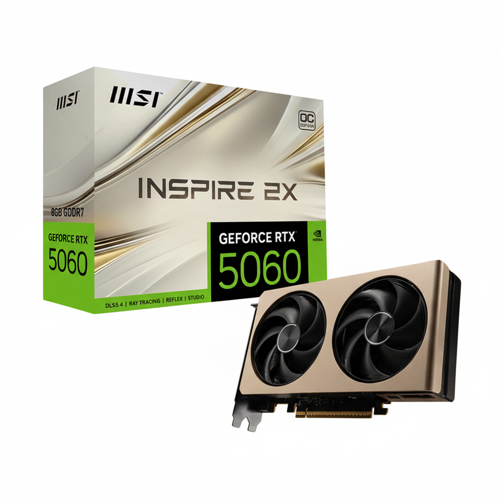 Front view of the MSI RTX 5060 INSPIRE 2X graphics card with its dual-fan cooler.

