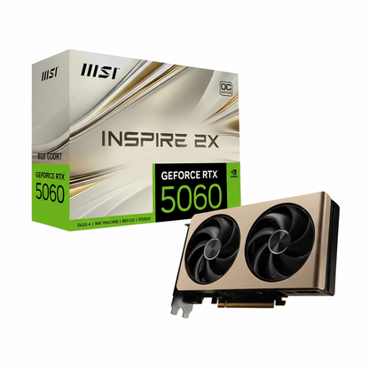 Front view of the MSI RTX 5060 INSPIRE 2X graphics card with its dual-fan cooler.

