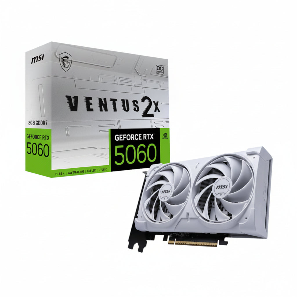 Front view of the white MSI RTX 5060 VENTUS 2X graphics card.

