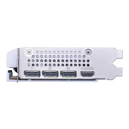 Rear view of the card's metal backplate with an airflow vent.

