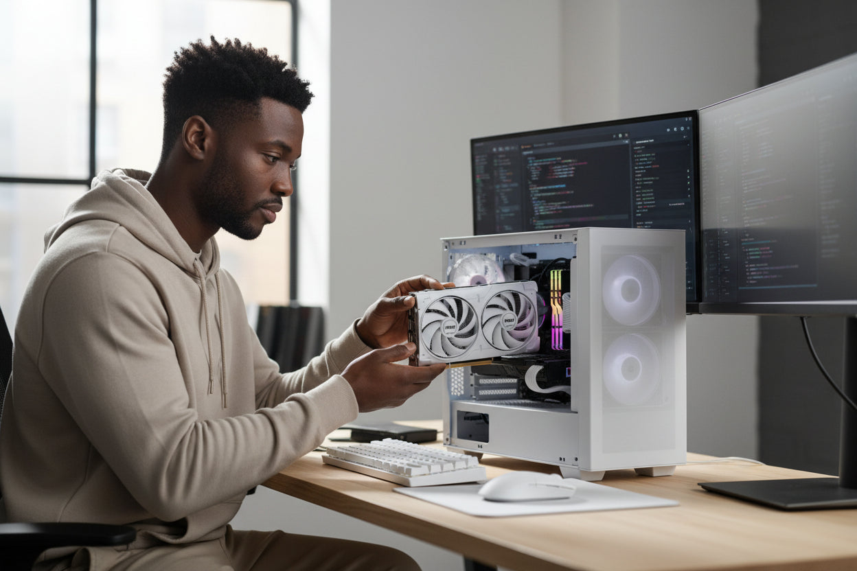 The white MSI RTX 5060 VENTUS powering a multi-monitor white setup.

