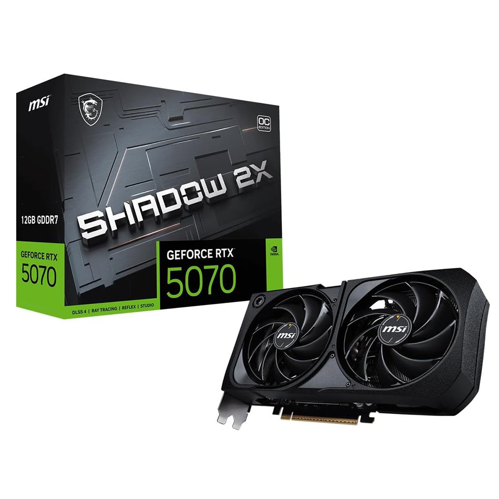 Front view of the MSI RTX 5070 SHADOW 2X graphics card with its dual-fan cooler.


