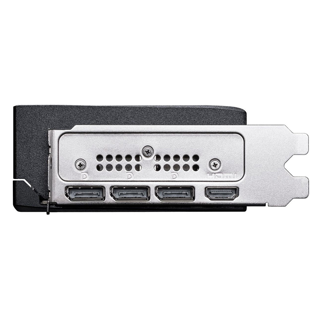 Rear view of the card's I/O with three DisplayPort and one HDMI port.

