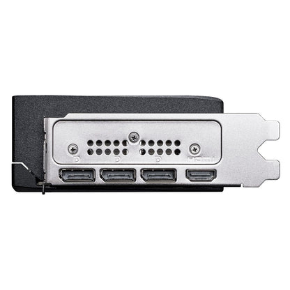 Rear view of the card's I/O with three DisplayPort and one HDMI port.


