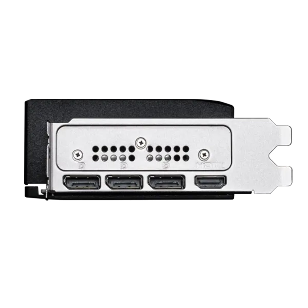 The graphics card's rear I/O panel with multiple DisplayPort connections.

