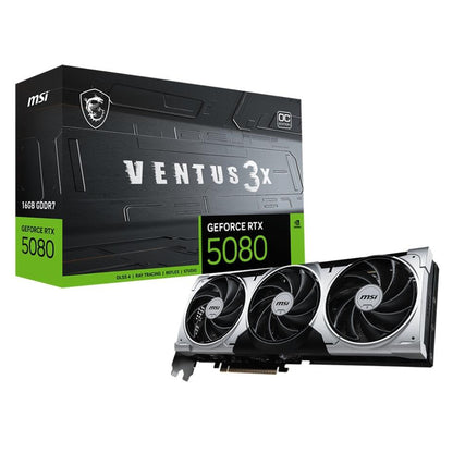Front view of the MSI RTX 5080 VENTUS 3X OC PLUS triple-fan graphics card.

