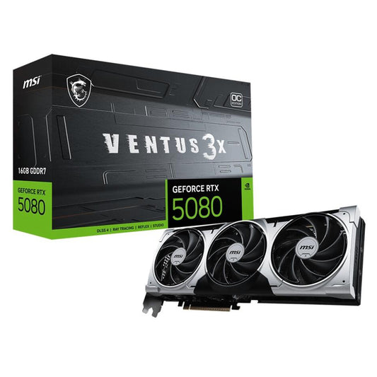 Front view of the MSI RTX 5080 VENTUS 3X OC PLUS triple-fan graphics card.

