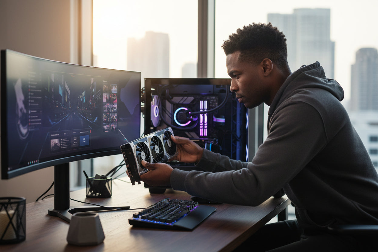 The MSI RTX 5080 VENTUS 3X in a workstation driving multiple 4K displays.

