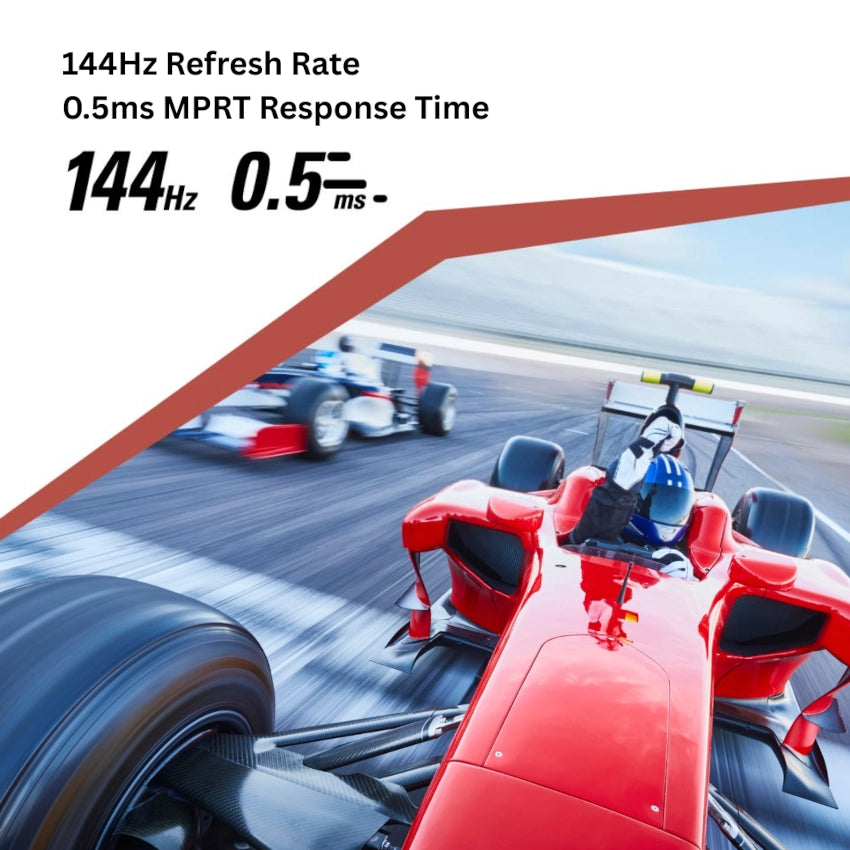 Red racing car on a track with text about refresh rate and response time.