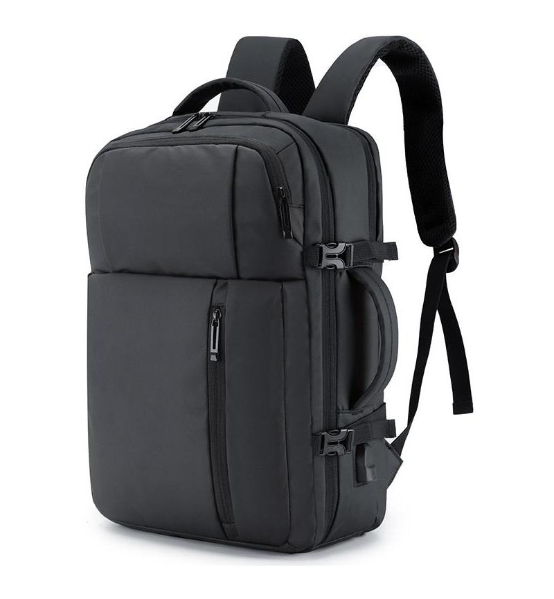 Sleek black adjustable laptop backpack with multiple compartments, front zip pockets, padded shoulder straps, and side buckles – fits 13″ to 17″ laptops.