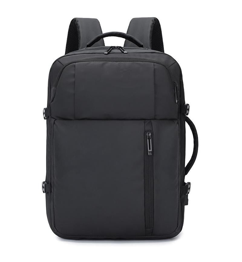 Front view of black adjustable laptop backpack with zippered front pocket, padded shoulder straps, and side handle – fits 13″ to 17″ laptops.