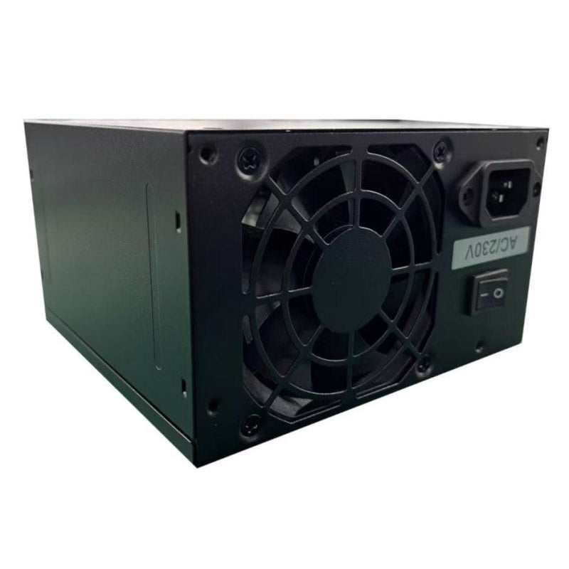 Black power supply unit with fan on a white background