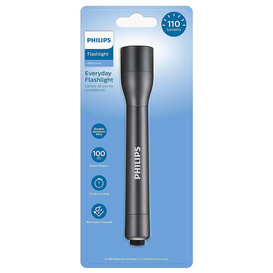 Philips SFL4002T/10 LED torch with 2 AA batteries, 110 lumens, in packaging.