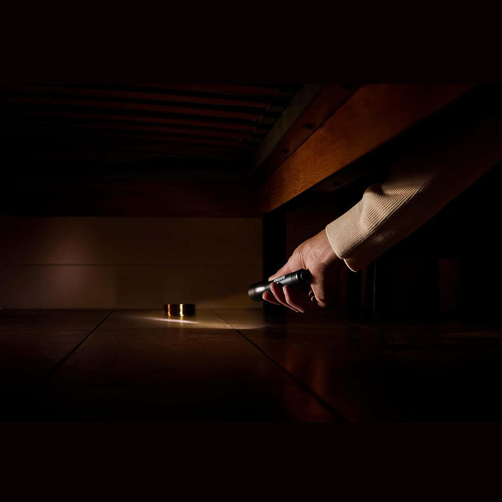 Hand holds Philips LED Torch SFL4002T/10 with 2 AA batteries, 110-lumen beam illuminating floor.