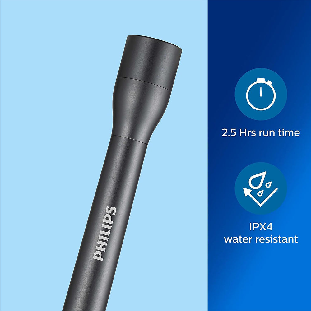 Philips SFL4002T/10 LED torch with 2 AA batteries, 110 lumens, compact flashlight, IPX4, 2.5h runtime