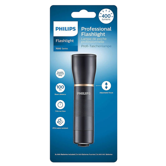 Philips SFL7000T/10 LED torch with 3 AAA batteries, 400 lumens, 100 m beam, durable aluminum body
