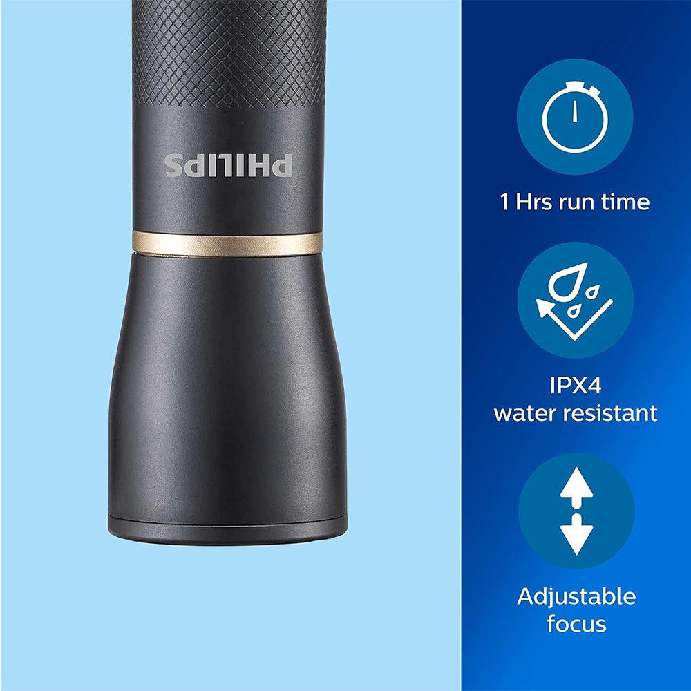 Philips LED Torch SFL7000T/10 with adjustable focus, IPX4 water resistant, 1 hour runtime.