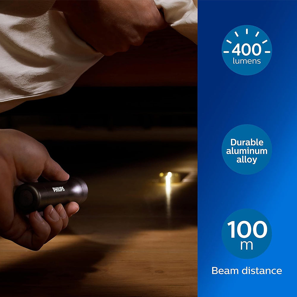 Philips SFL7000T/10 LED torch with 3 AAA batteries, 400 lumens, 100 m beam distance.