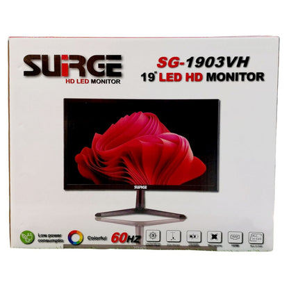 Surge 19-inch LED HD monitor packaging with a red flower on screen