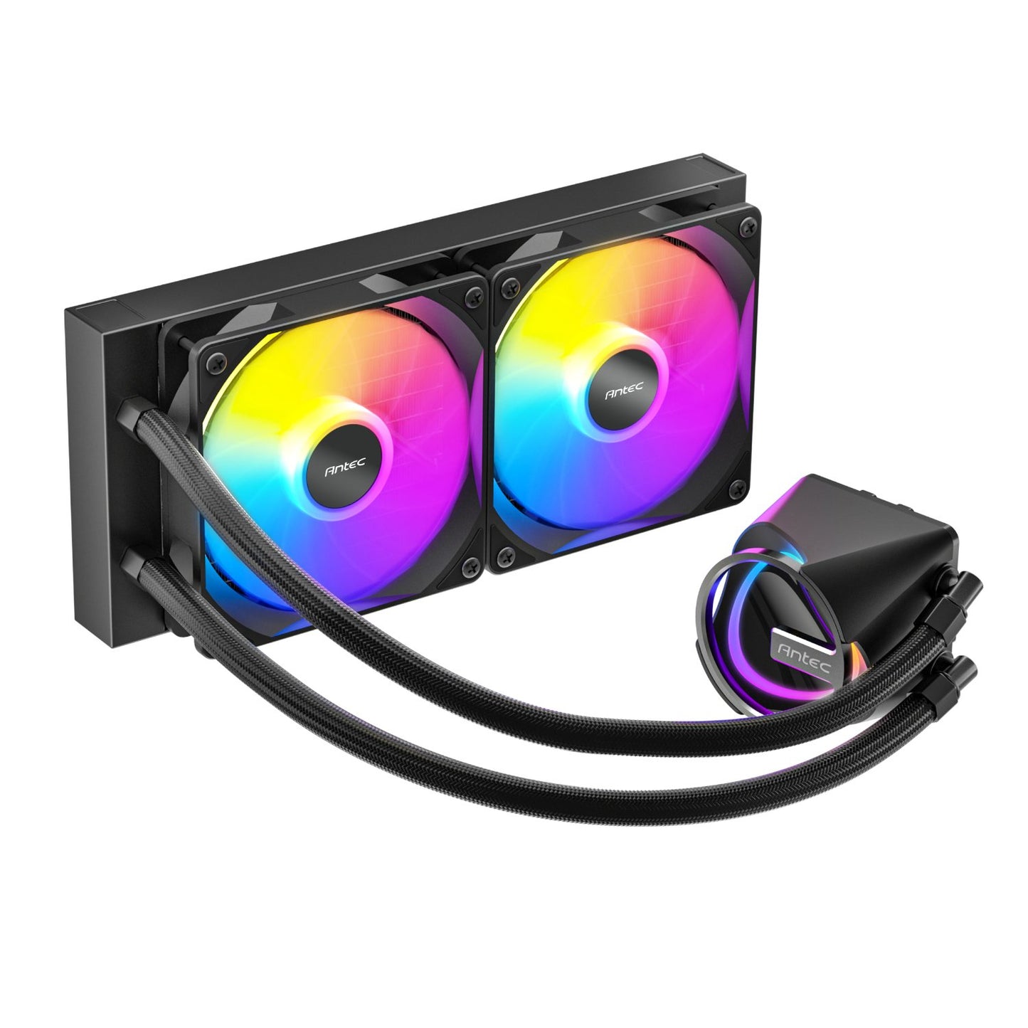 Computer cooling system with dual RGB fans on a white background