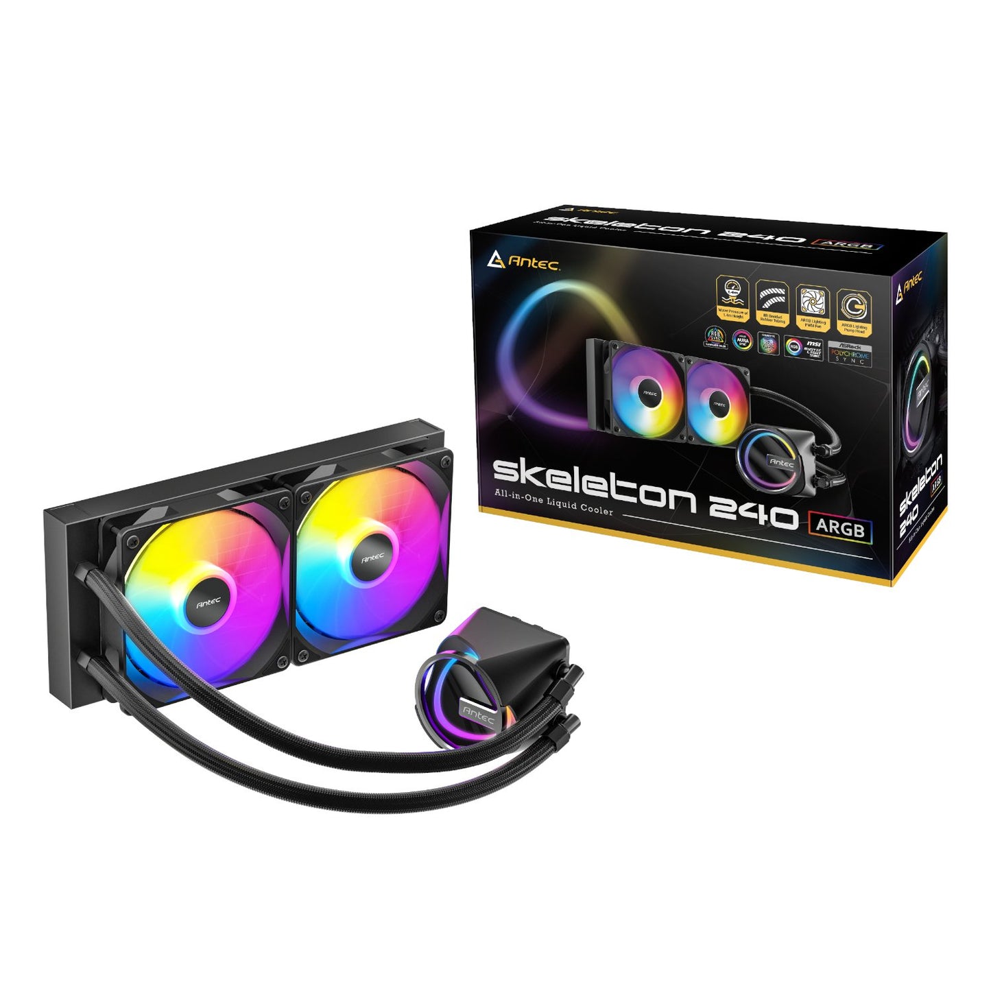 Aintec Skeleton 240 ARGB cooling system with dual RGB fans and packaging on a white background