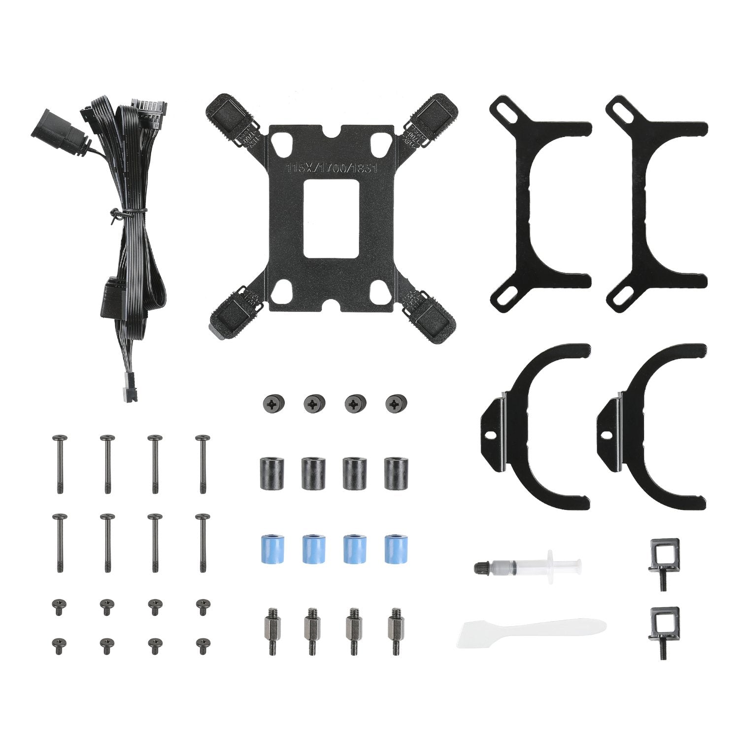 Collection of black mechanical parts and tools on a white background