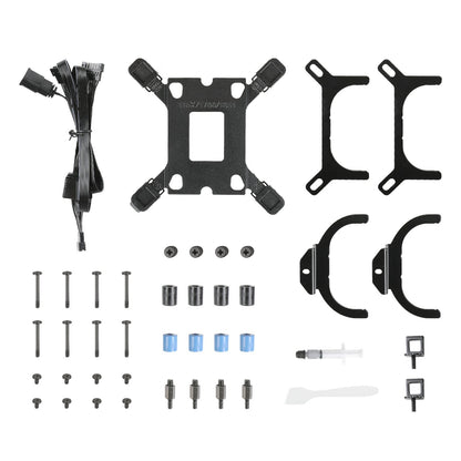 Collection of black mechanical parts and tools on a white background