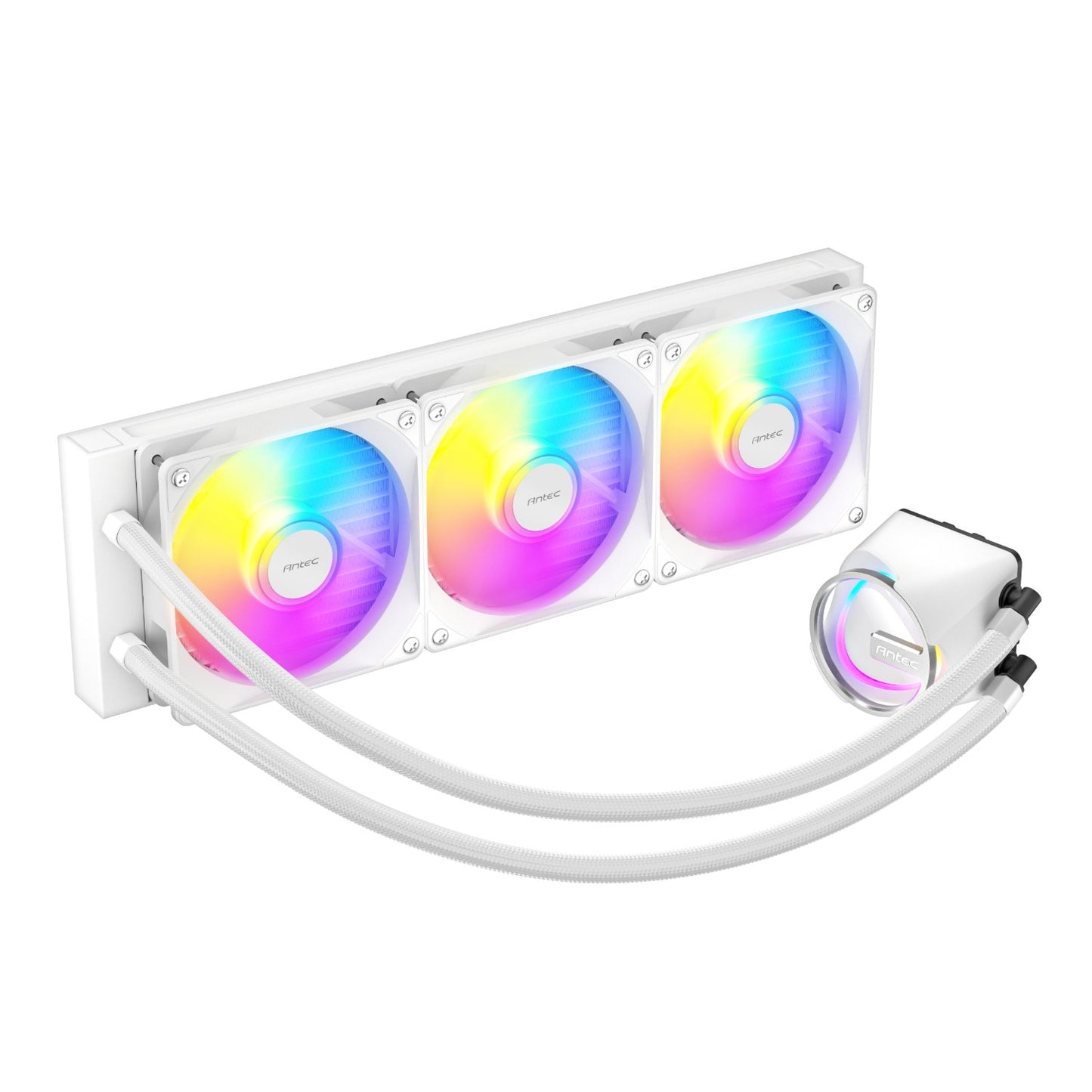 Computer cooling system with RGB LED fans on a white background