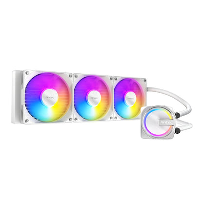 Computer cooling system with three RGB fans and a reservoir on a white background