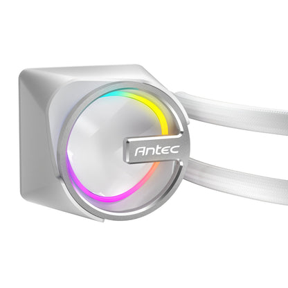 Computer cooling system component with Antec branding on a white background