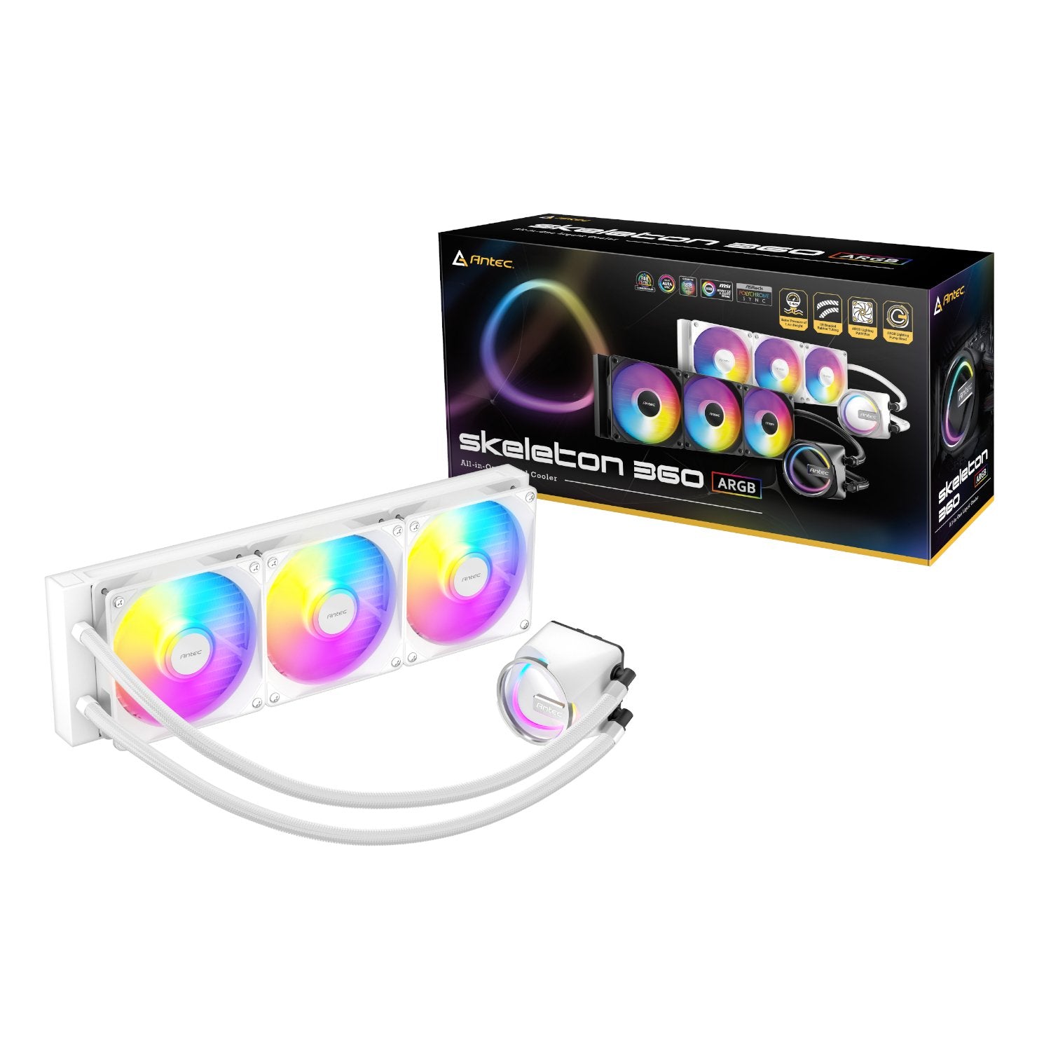 APEC skeleton 360 ARGB cooling system with RGB lighting on a white background