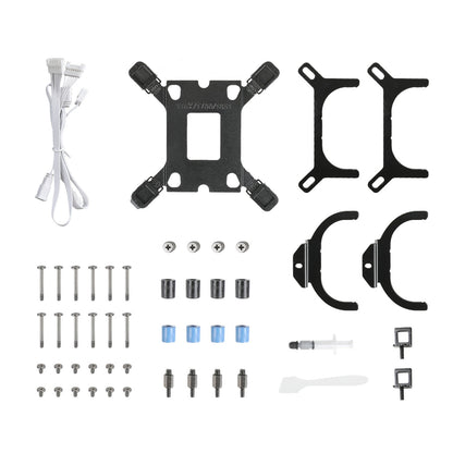 Set of electronic components and hardware on a white background