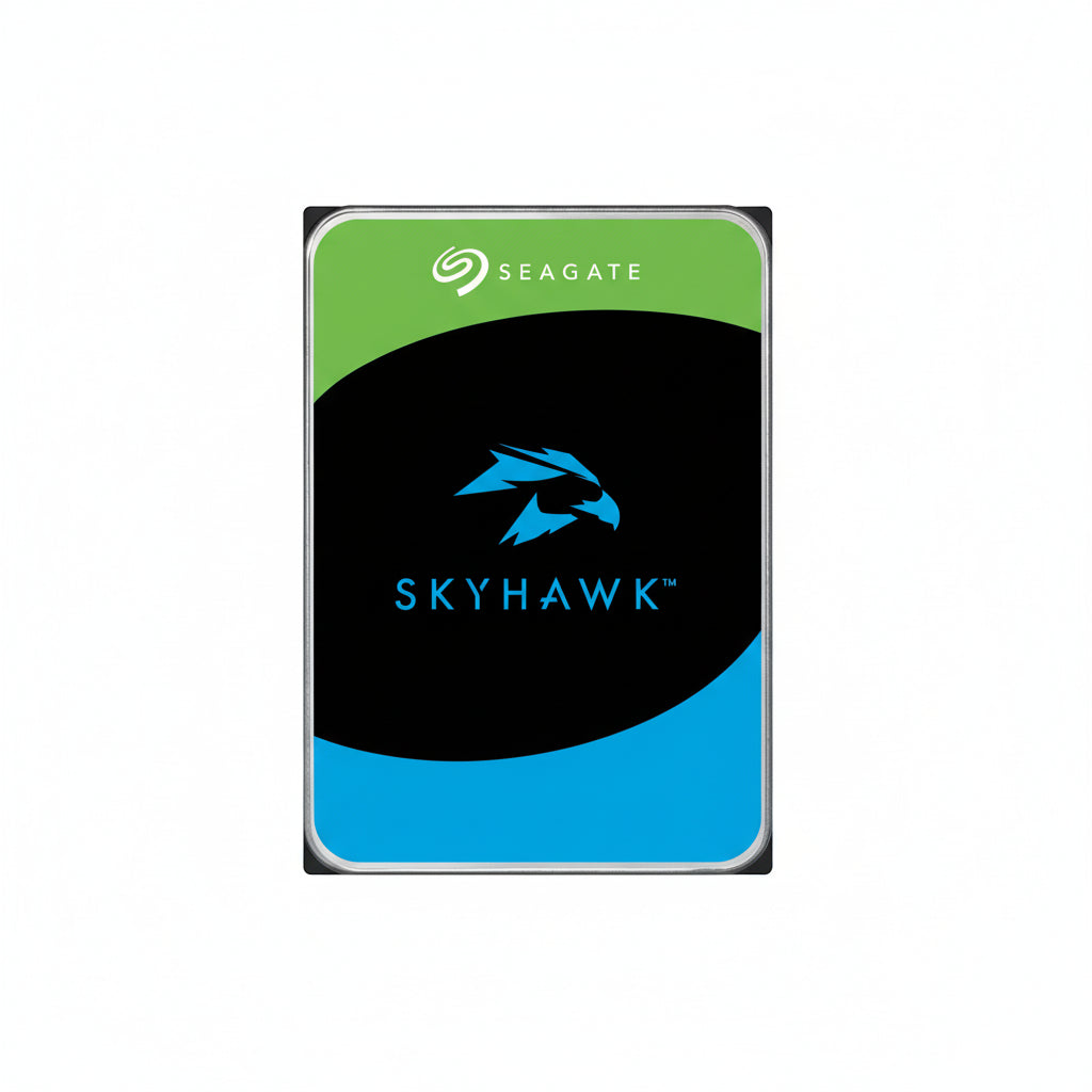 Seagate SkyHawk 2TB surveillance HDD top view on black background.

